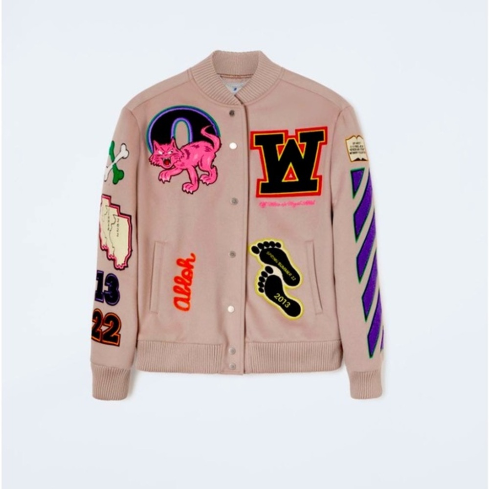 Off White Varsity Bomber Jacket With Patches - image 1